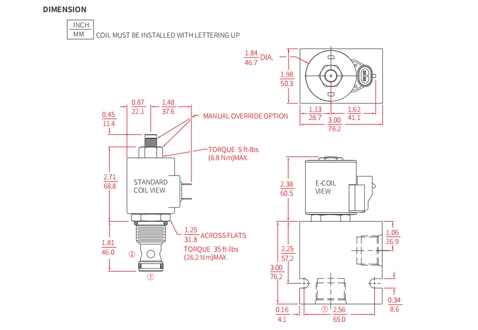 Suorituskyky/mitta/piirustus ISV12-B20 poppet 2-Way N.C. Solenoidventiili